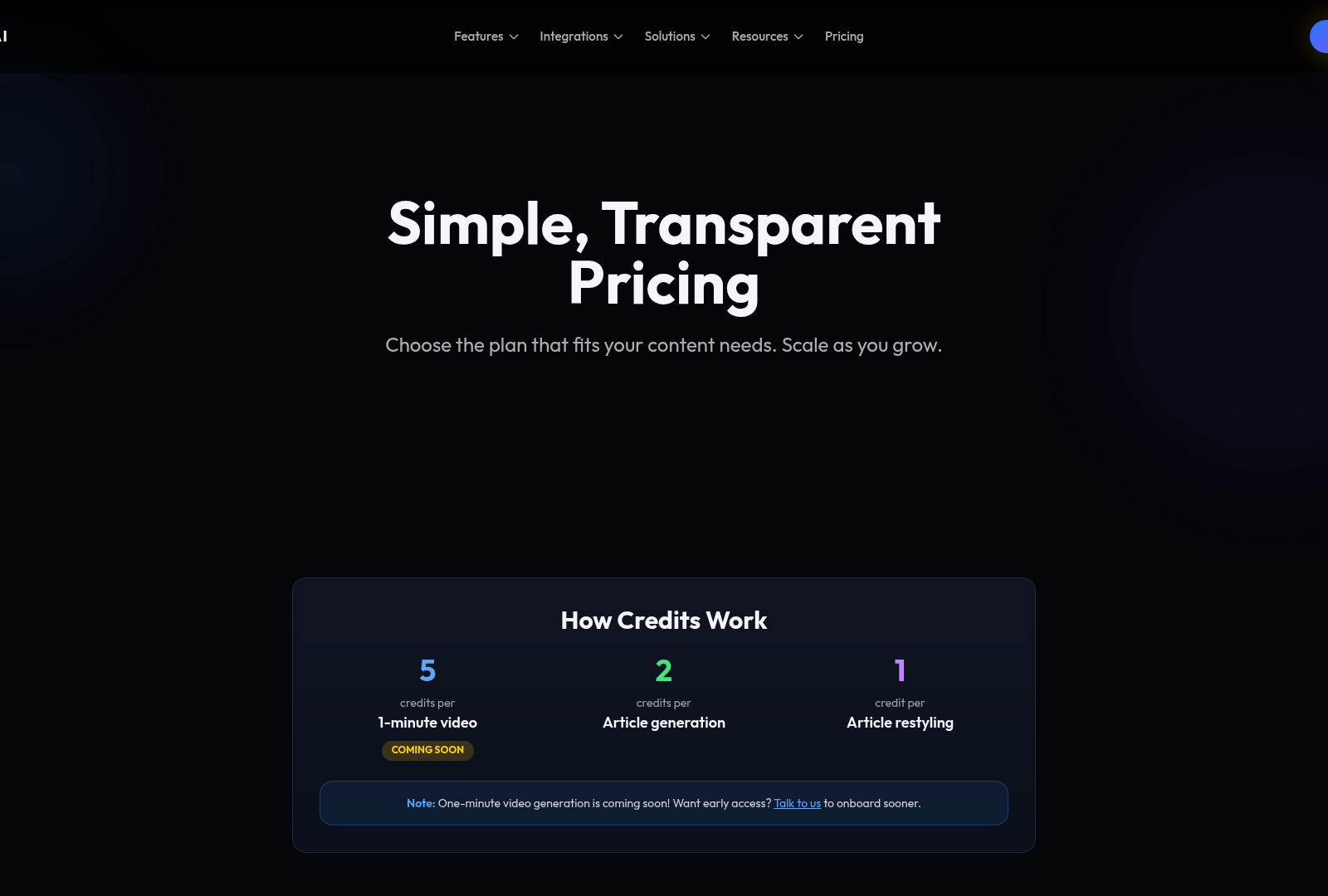 Screenshot: Pricing page displaying the credit‑based plans, feature inclusions (advanced SEO, analytics, integrations), and pricing tiers.