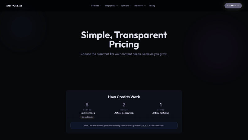 Screenshot: Pricing page lists multi‑platform publishing as a feature, indicating the ability to distribute content across various channels.