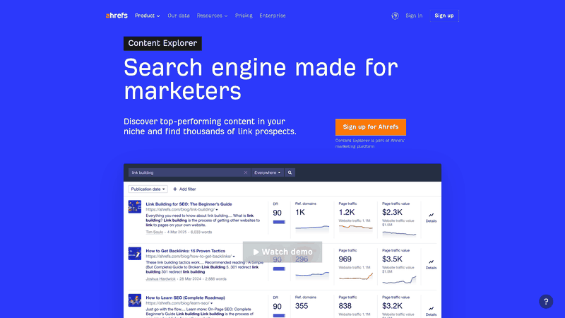 Screenshot: Overview of the Ahrefs Content Explorer interface, showcasing the search bar, filters, and content list.
