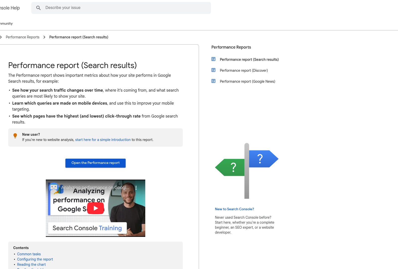 Screenshot: Official Google Search Console performance report page showing the key metrics (clicks, impressions, CTR, position) that AnyPost can use to surface content opportunities.