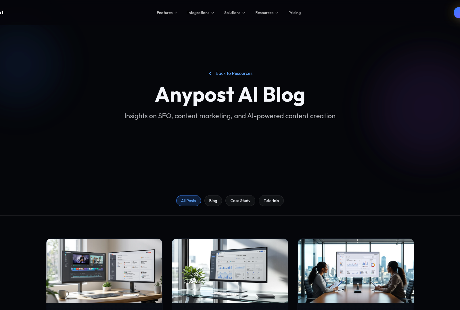 Screenshot: Blog page with recent posts on SEO, AI content creation, and lead‑gen tactics.