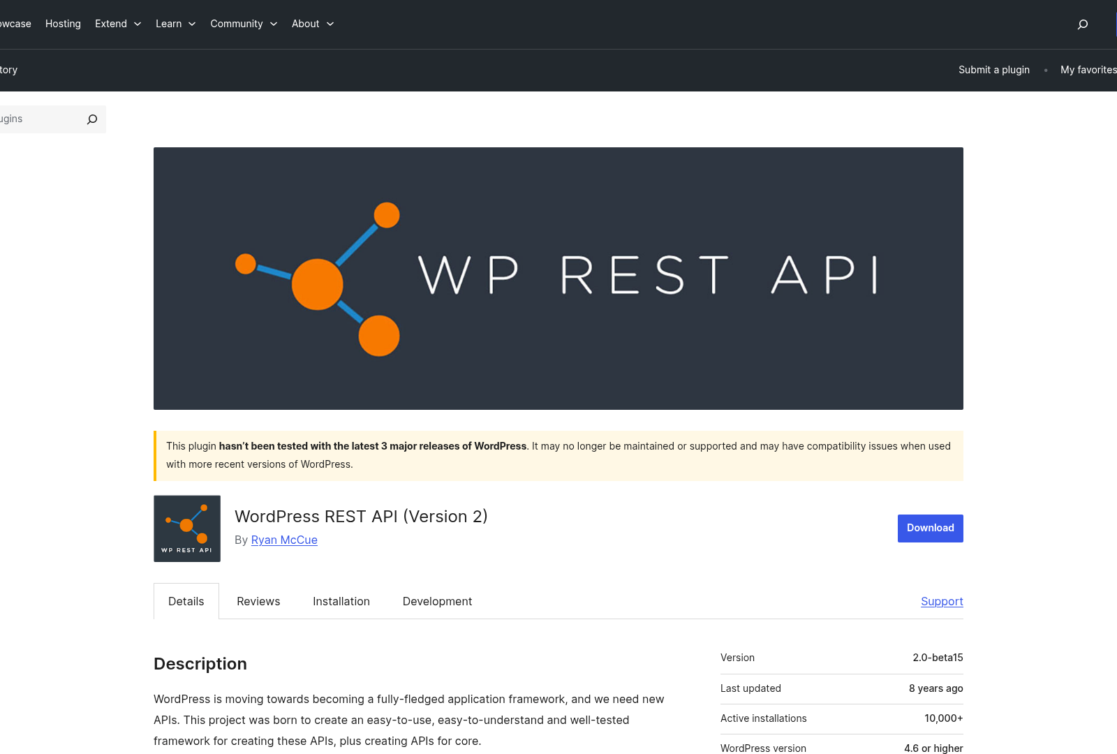 Screenshot: Plugin page showing installation and configuration options for the REST API.