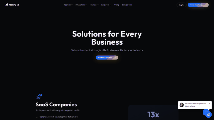 Screenshot: Highlights tailored solutions for B2B companies, including decision-maker focused content and lead nurturing strategies, illustrating how AnyPost addresses typical pain points.