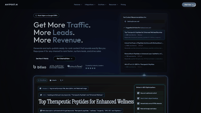 Screenshot: Full-page capture of Anypost.ai’s homepage, highlighting the platform’s automated content generation, SEO‑optimised publishing, and persona‑matching features.