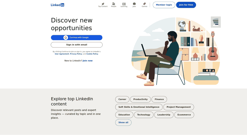 Screenshot: Screenshot of LinkedIn’s public homepage showing the platform’s interface and navigation options【17†L1-L4】.