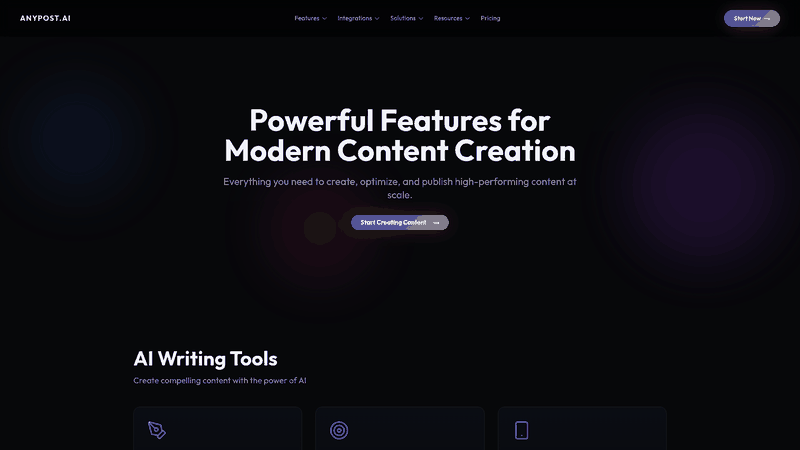 Screenshot: Features page detailing content scheduling, SEO optimization, multi‑platform publishing, and analytics.