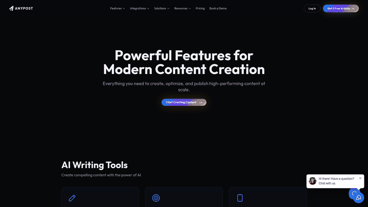 Screenshot: Visual overview of AnyPost.ai’s integrated content creation, SEO optimization, and multi-platform publishing capabilities.