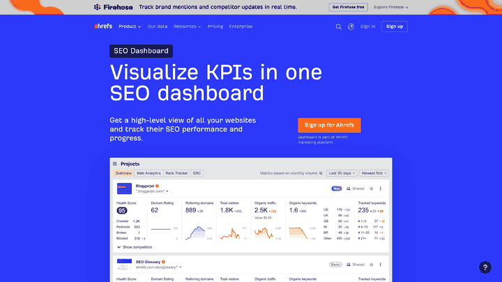 Screenshot: Overview of Ahrefs' SEO dashboard showcasing backlink metrics and performance indicators.
