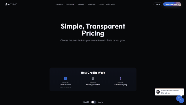 Screenshot: Pricing tiers and credit system for using AnyPost.ai.
