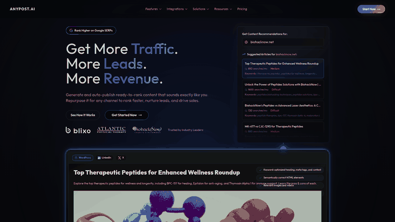 Screenshot: Full‑page capture of AnyPost.ai’s landing page, showcasing the platform’s emphasis on long‑form, SEO‑optimized content generation and real‑time analytics.