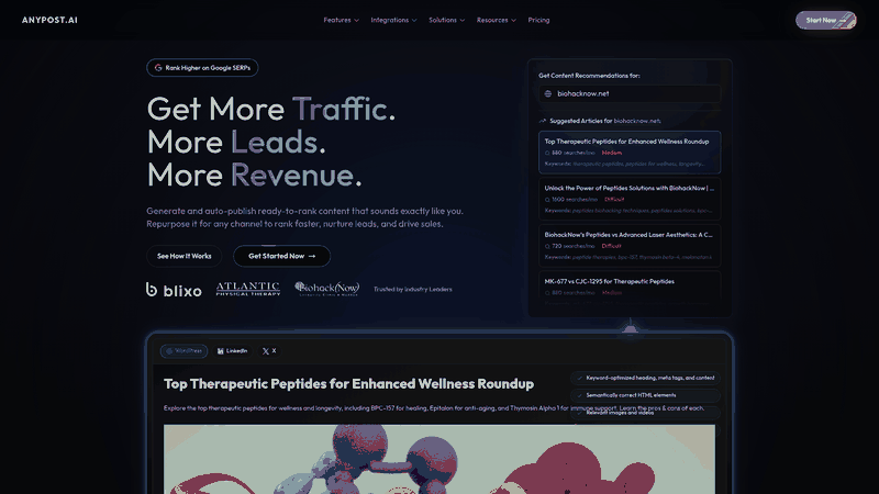 Screenshot: Homepage showcasing the platform’s brand positioning, key value proposition, and a prominent call‑to‑action for SEO automation.
