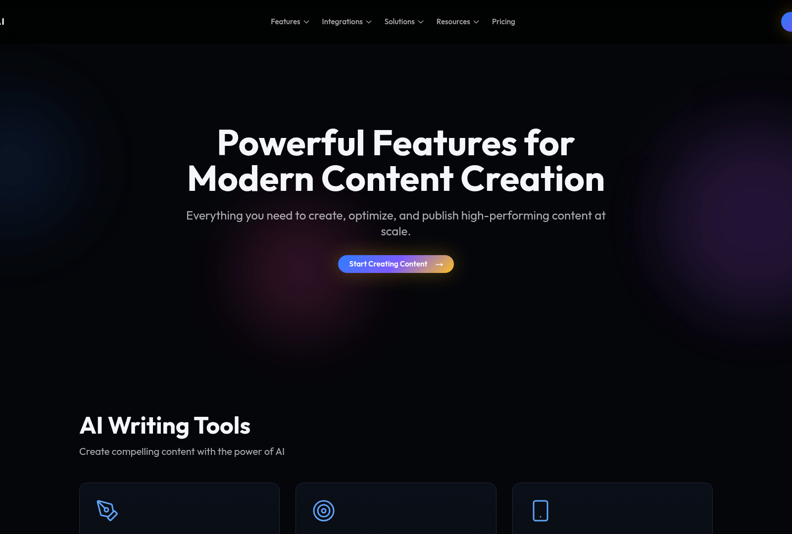 Screenshot: Feature list emphasizing scheduling, SEO, publishing, and analytics capabilities.