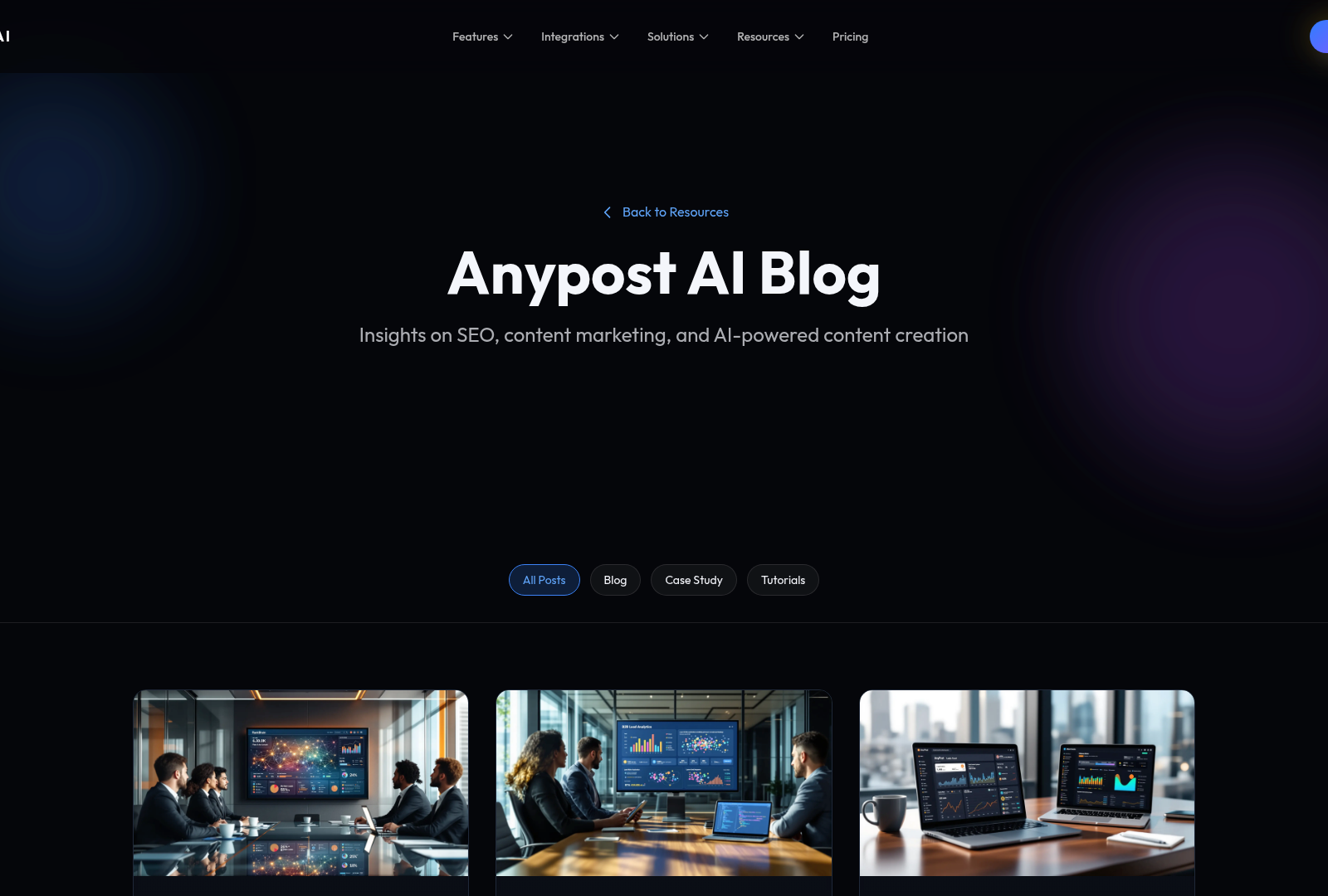 Screenshot: Blog landing page featuring sample articles and insights on AI‑powered content creation.