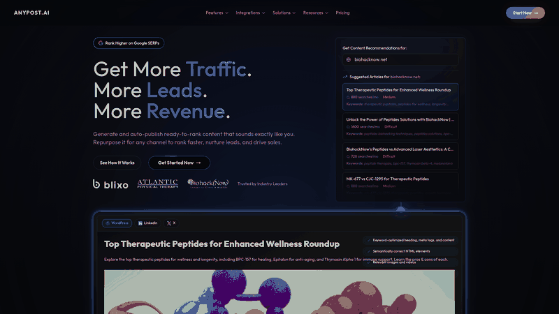 Screenshot: Home page hero section showcasing AI‑driven content creation and SEO optimization.
