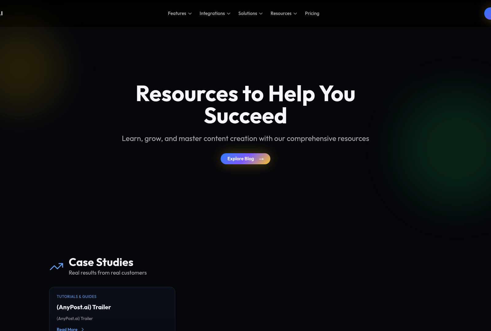 Screenshot: Resources page offering guides, tutorials, and best‑practice articles for sustainable SEO reporting implementation.