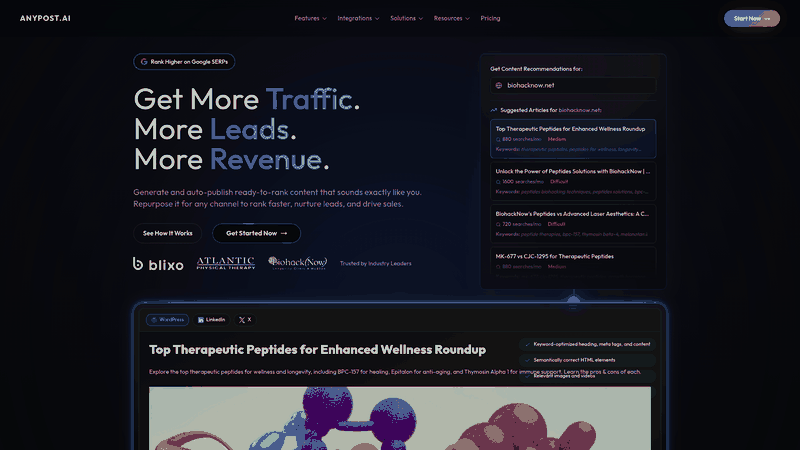 Screenshot: Homepage overview of Anypost.ai showcasing core features such as SEO‑optimized publishing, content scheduling, and real‑time analytics.