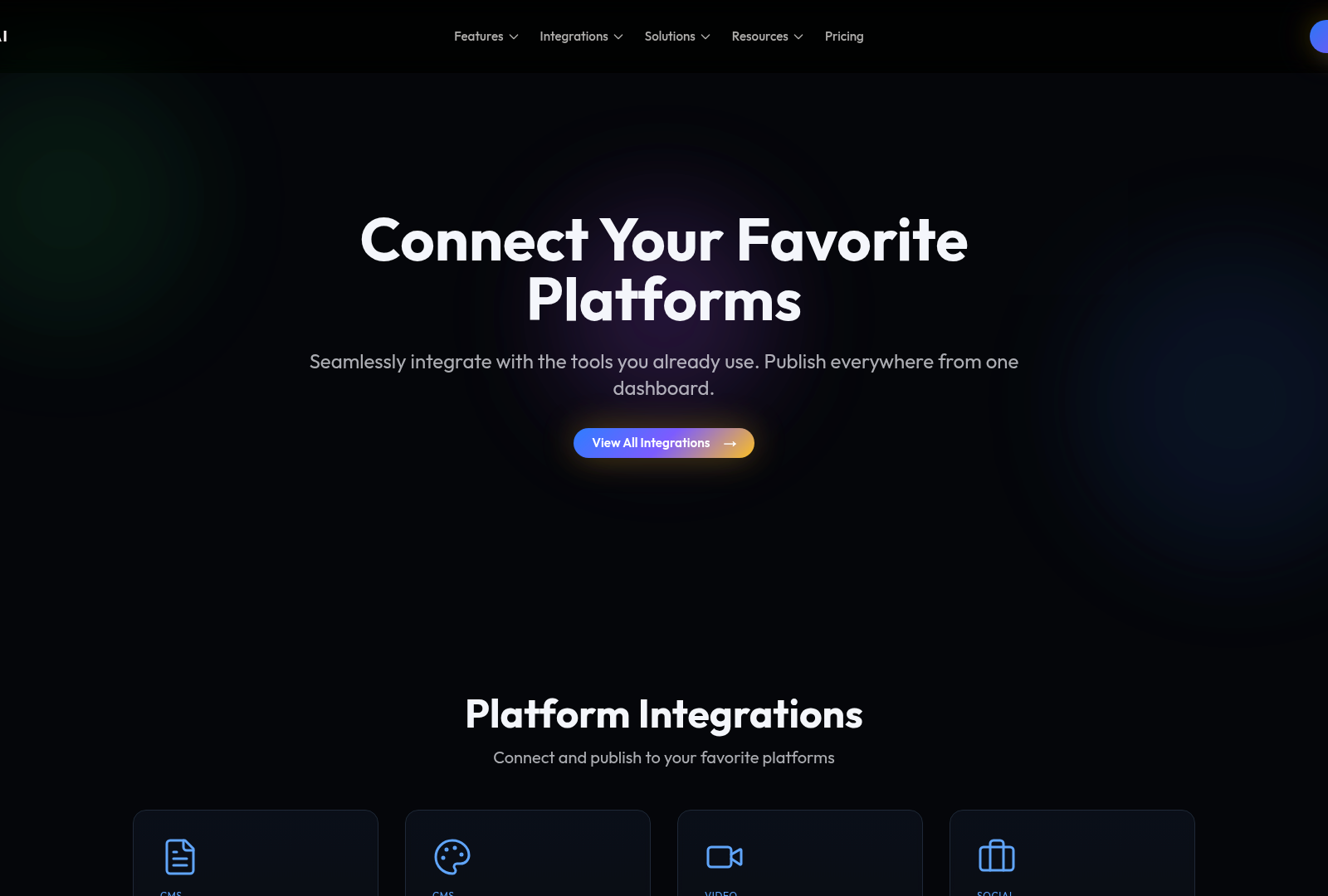 Screenshot: Shows the integrations dashboard where users can connect multiple publishing platforms, illustrating the multi‑source content integration feature.
