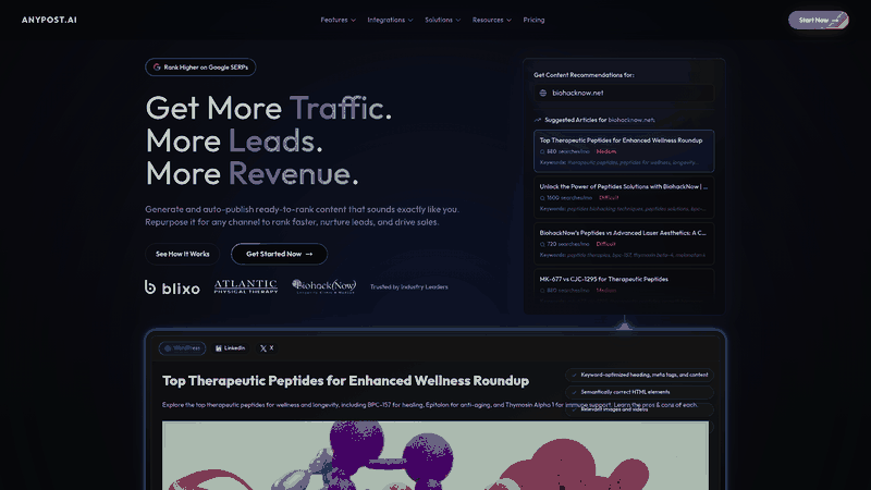Screenshot: Homepage showcasing AnyPost’s mission and key features.