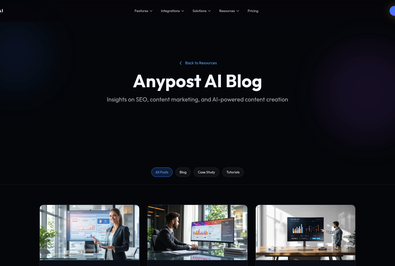 Screenshot: Blog page showcasing AI‑generated articles and insights on SEO and content marketing.