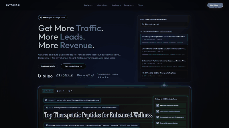 Screenshot: Homepage of AnyPost.ai showcasing the platform’s branding and key features.