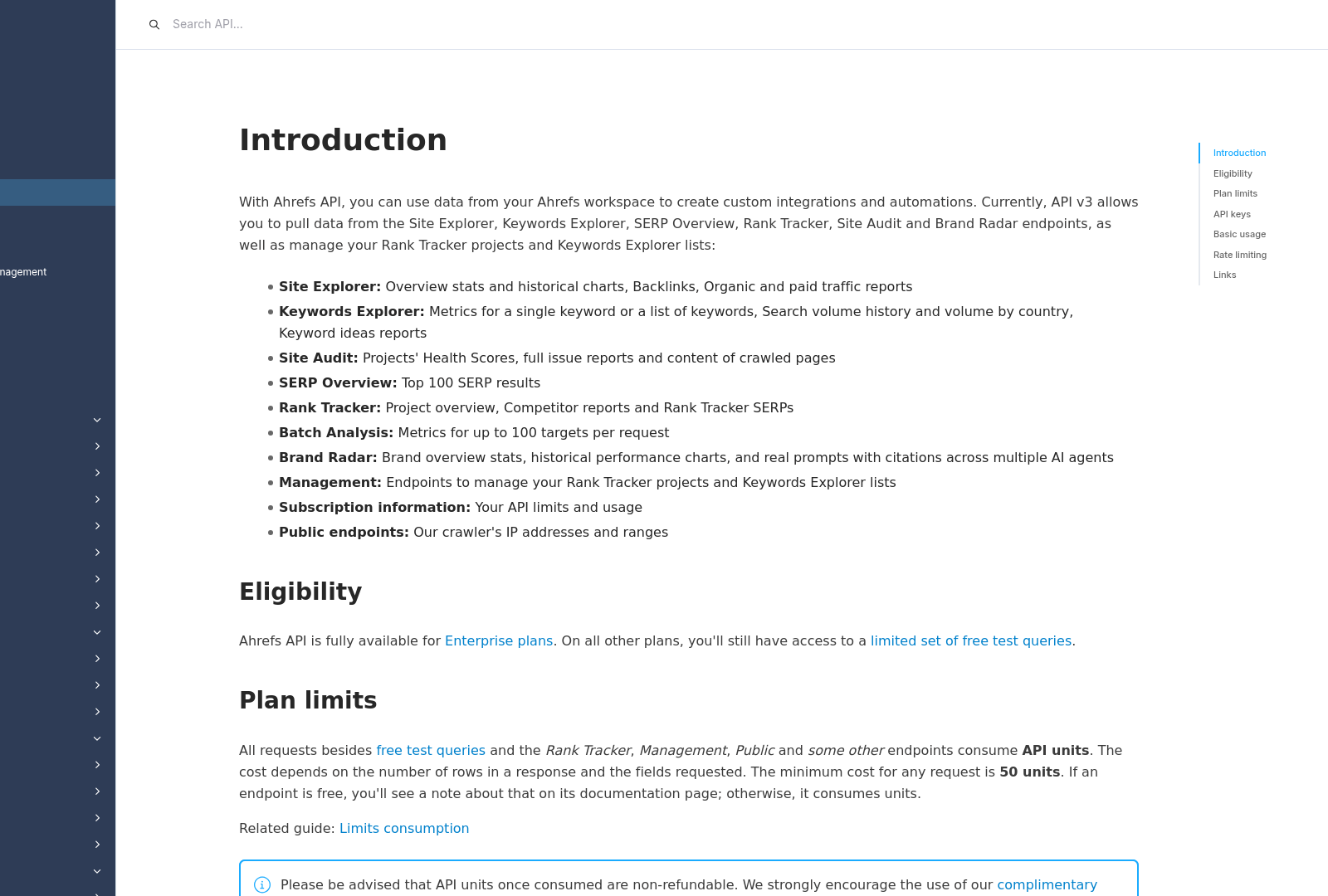 Screenshot: Ahrefs API page highlighting integration capabilities.