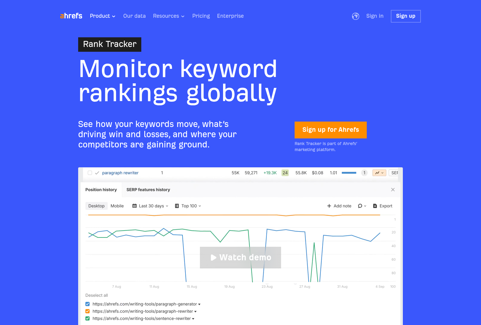Screenshot: Rank Tracker dashboard displaying keyword ranking history.