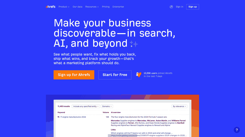 Screenshot: Ahrefs homepage showcasing the main dashboard and navigation.