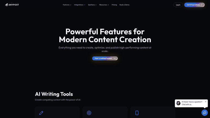 Screenshot: Displays the Features page highlighting analytics and SEO insights.