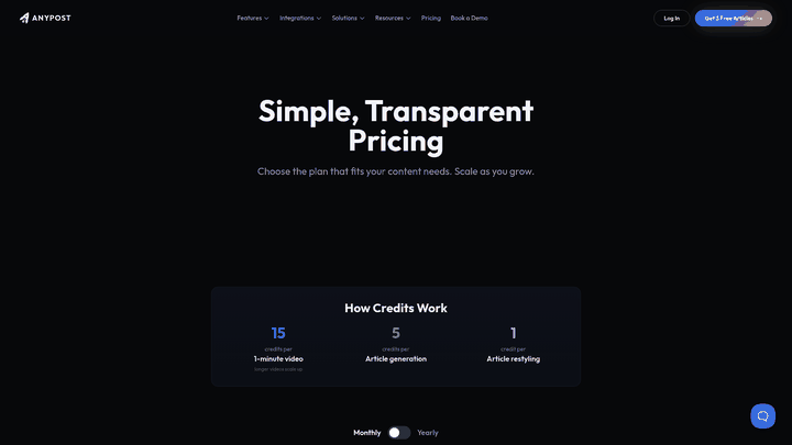 Screenshot: Transparent pricing tiers with credit-based usage for articles and videos.
