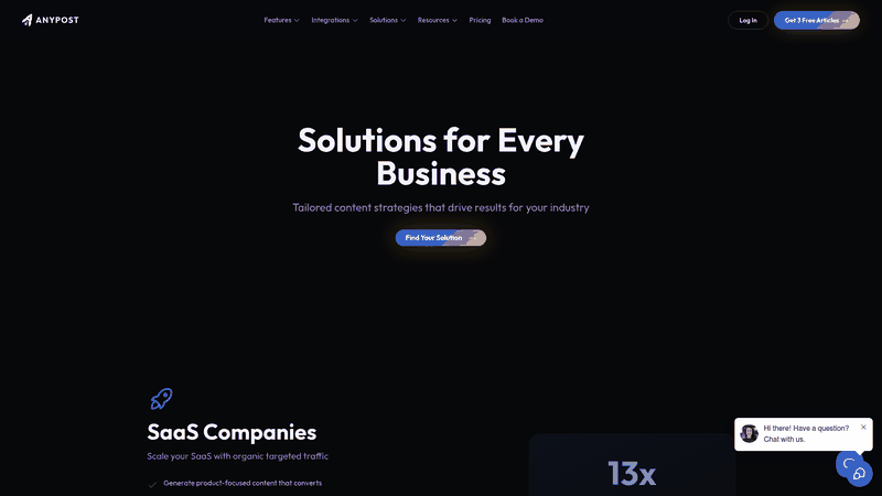Screenshot: Overview of tailored solutions for SaaS, B2B, agencies, e‑commerce, and local businesses.