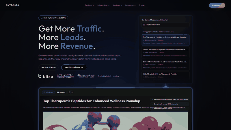 Screenshot: Hero section of the AnyPost homepage showcasing AI‑powered long‑form content creation and SEO‑optimized publishing.