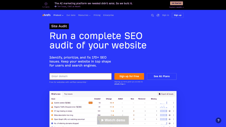 Screenshot: Illustrates the Ahrefs Site Audit interface, showing the overview screen with key metrics and the ability to launch a crawl.