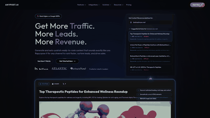 Screenshot: Homepage showcasing the platform’s branding and tagline, setting the stage for AI‑powered content marketing.