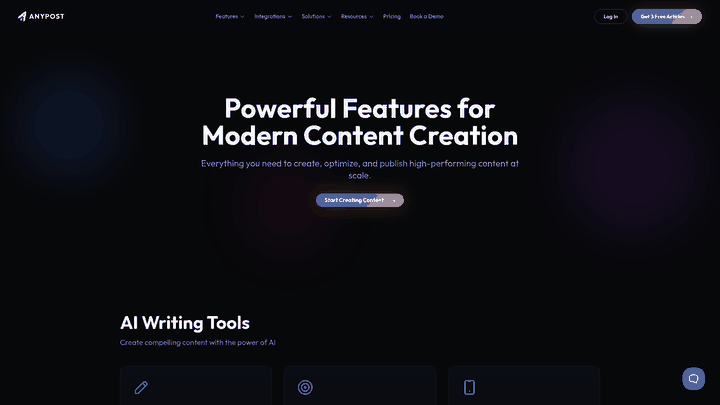 Screenshot: AnyPost.ai features overview highlighting auto‑publishing, SEO optimization, and content personalization