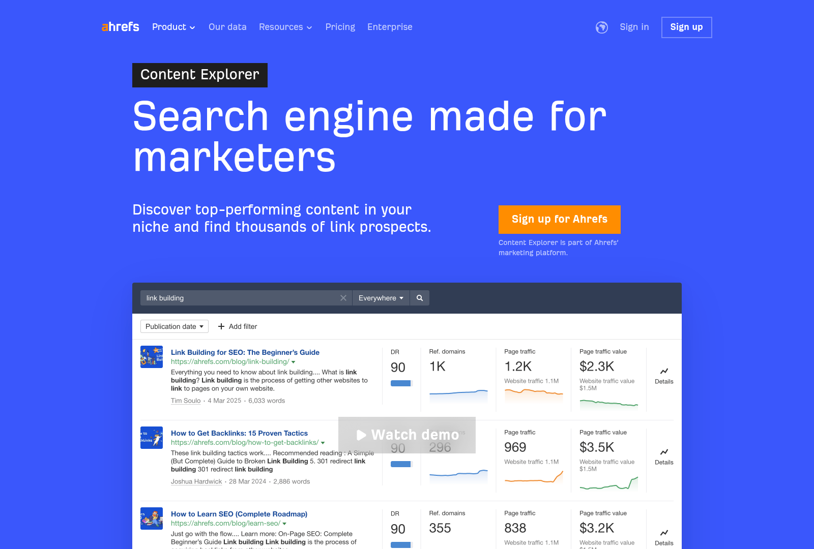 Screenshot: Screenshot of the Ahrefs Content Explorer landing page showcasing the interface and key metrics used in the article’s checklist.