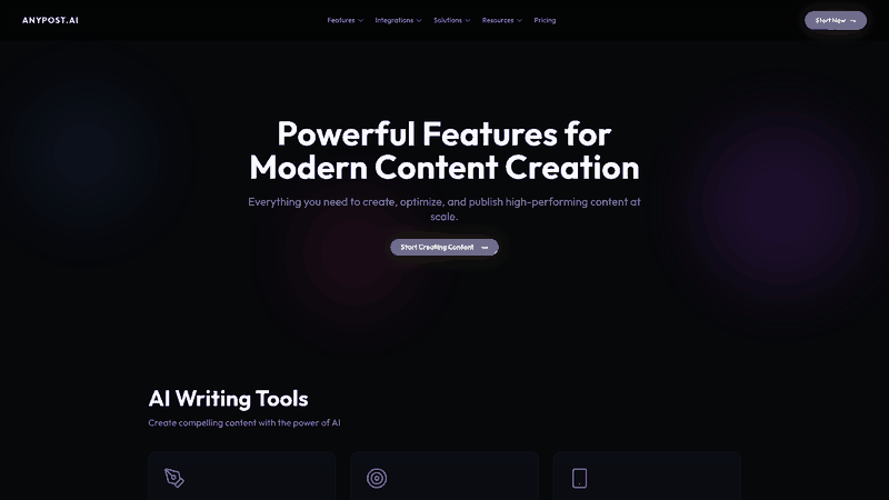 Screenshot: Feature highlights such as Content Scheduling, automated publishing, and tone matching.