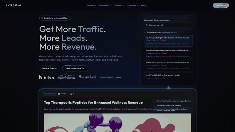 Screenshot: Homepage of AnyPost.ai showcasing its brand messaging and core offerings.