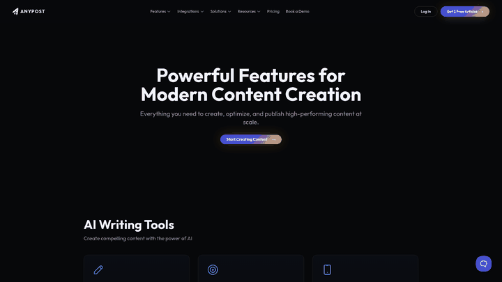 Screenshot: Screenshot of AnyPost.ai’s features page, displaying AI content generation, SEO optimization, multi‑platform publishing, and analytics dashboards.