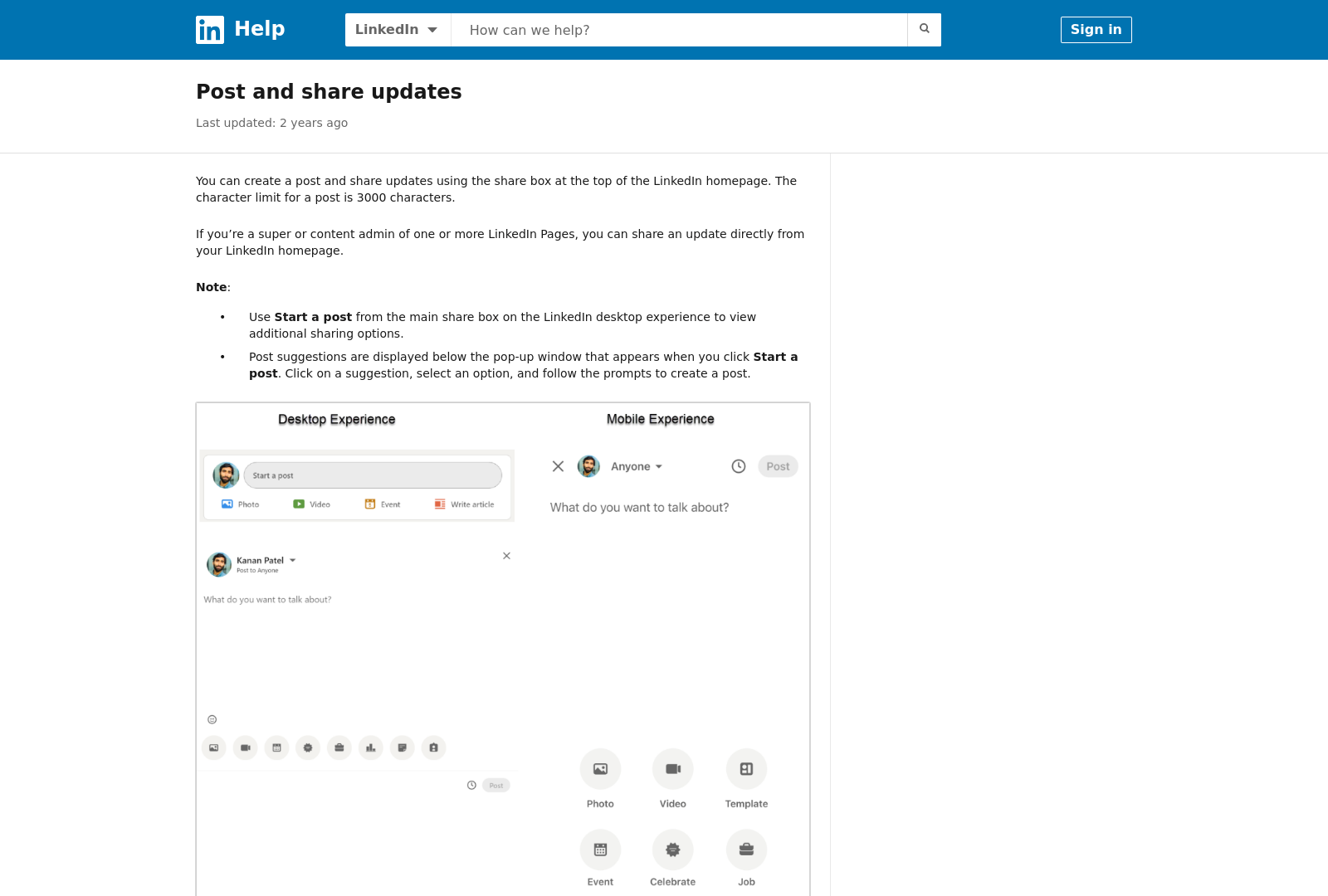 Screenshot: Screenshot of the LinkedIn post editor interface with the 'Start a post' prompt.