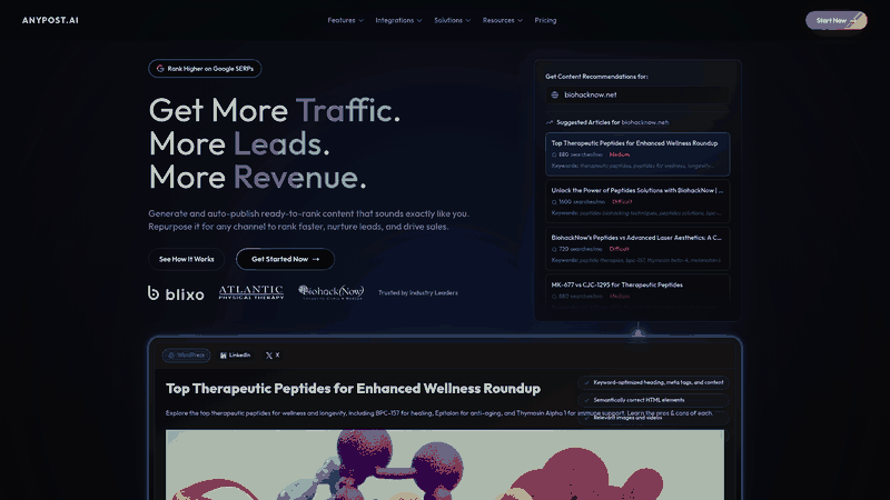 Screenshot: Homepage of anypost.ai showcasing the platform’s branding and key features.