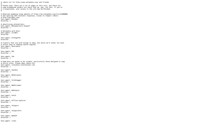 Screenshot: Screenshot of Wikipedia's robots.txt file showing the top section with user‑agent directives and disallow rules.