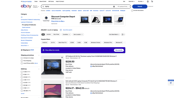 Screenshot: Screenshot of eBay's product search page showing the left‑hand filters (category, RAM size, screen size, etc.) that illustrate how faceted navigation creates multiple URL combinations.