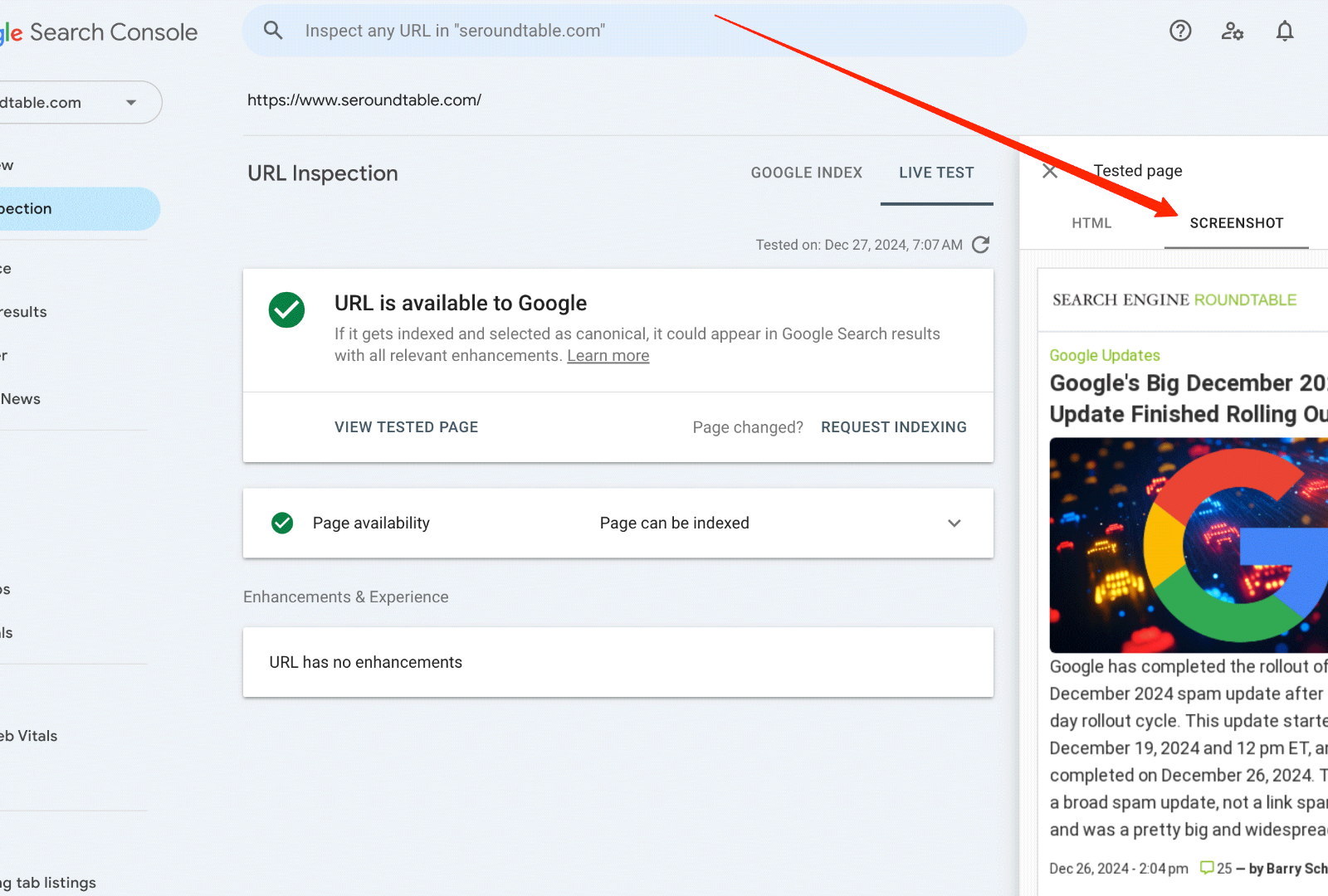 Screenshot: Screenshot of Google Search Console’s URL Inspection tool
