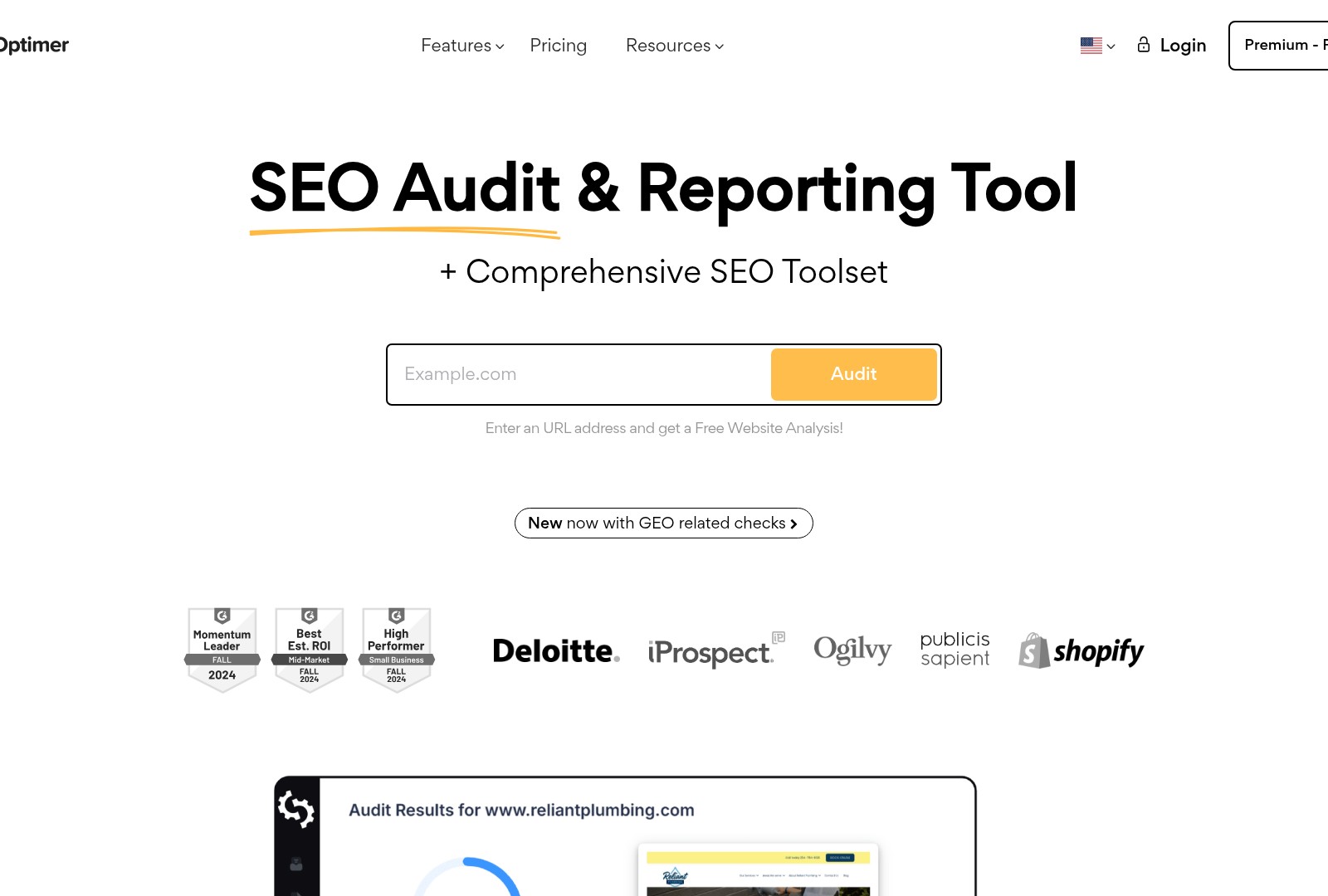 Screenshot: SEOptimer free audit tool homepage and sample report