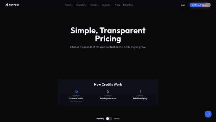 Screenshot: AnyPost.ai pricing table showing credit‑based plans and free article credits.
