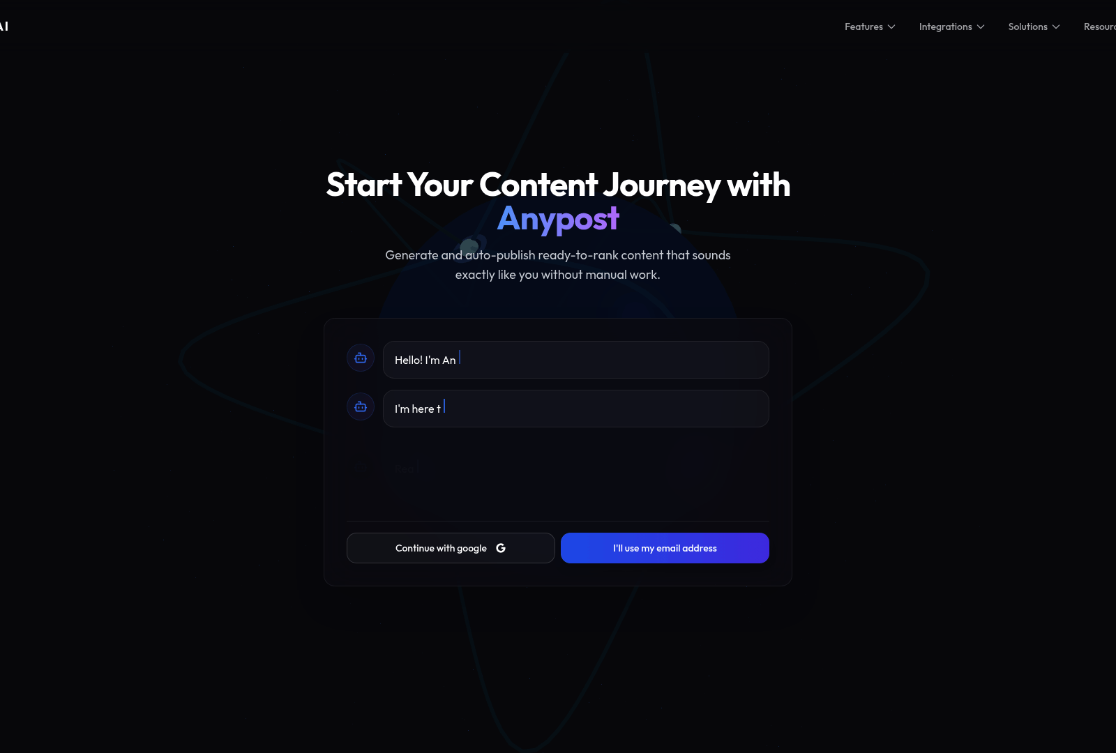 Screenshot: Signup page illustrating the user onboarding flow and highlighting automated content creation capabilities.