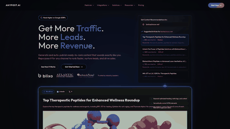 Screenshot: Hero section showcasing the platform’s AI‑powered content generation and brand‑voice alignment.