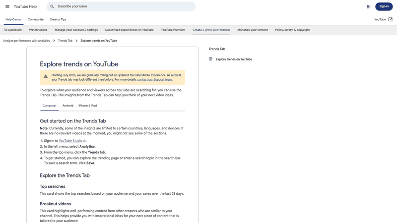 Screenshot: Screenshot of the YouTube Studio Trends tab showing keyword ideas and content gaps.