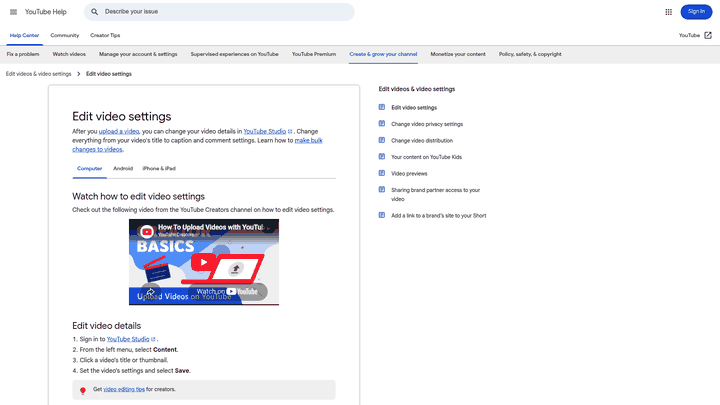Screenshot: Screenshot of the video details editing page with fields for title, description, tags, and advanced settings.