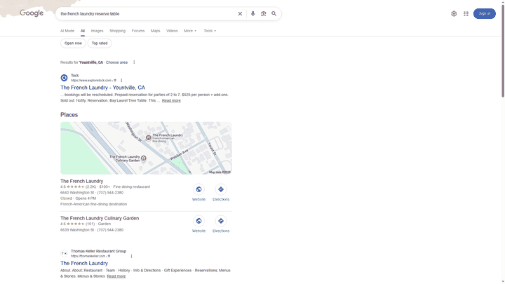 Screenshot: Google search results displaying the AI Mode booking button for a restaurant.